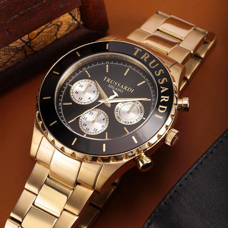 Orologio TRUSSARDI uomo T-logo multi funzione dorato / nero