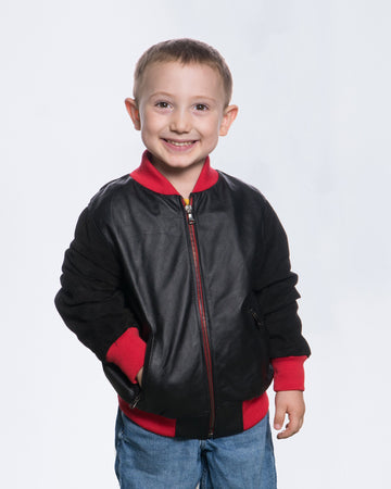 Davide - Bomber Bambino Nero in vera pelle con Dettagli Rossi