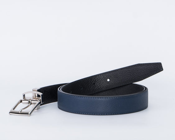 Diego - Cintura Reversibile Liscia Blu e Nero In Vera Pelle di Cervo Double face
