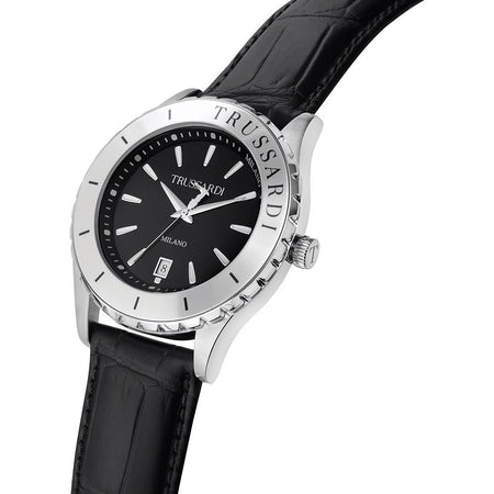 Orologio TRUSSARDI uomo T-logo datario pelle / nero