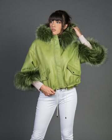 Bea - Giacca Donna Verde in vera pelle e vera pelliccia
