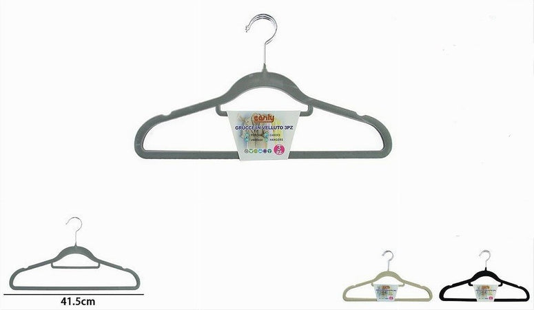 Set 3pz Grucce Stampelle Appendiabito Velluto Vestiti Pantaloni Vari Colori 10463