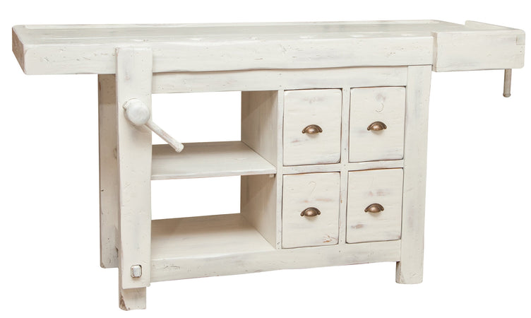 Biscottini Banco da lavoro Country in legno massello di tiglio finitura bianca anticata L184xPR74xH92 cm. Made in Italy