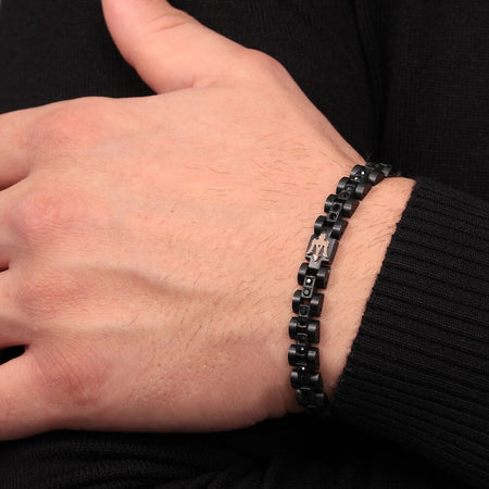 Bracciale MASERATI uomo Iconic acciaio nero / logo oro rosa