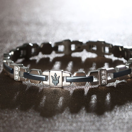 Bracciale MASERATI uomo Iconic acciaio / logo blu / pietre bianche