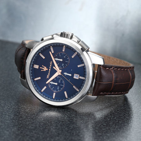 Orologio MASERATI Uomo Successo Crono Pelle Marrone / Blu
