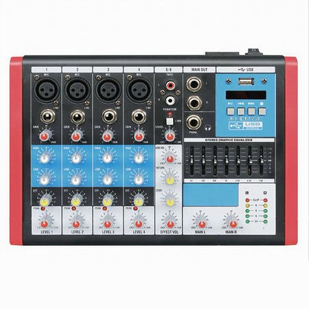 Mixer Audio 6ch Equalizzatore 4 Mic Xlr Phantom +48v Usb Mp3 Display Maxtech Mix-6ch