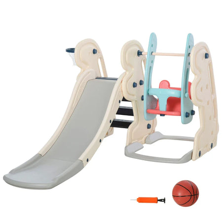 Scivolo 3 in 1 per Bambini con Altalena Regolabile, Canestro e Palle per Cameretta e Giardino, 160x220x120cm, Bianco, Azzurro e Grigio ED9331-002ED9