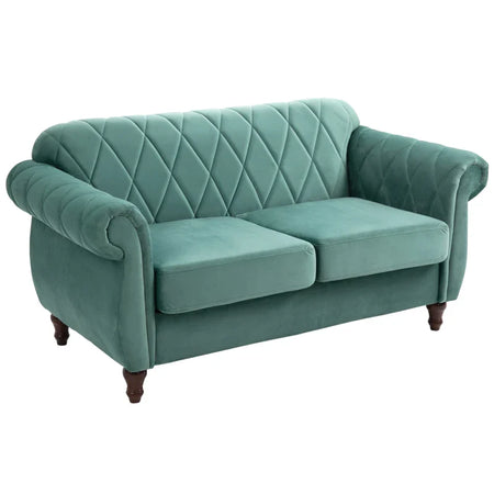Divano 2 Posti in Legno e Velluto Verde, Spessa Imbottitura, Divano per 2 Persone Design Vintage Rétro, 148 x 72 x 76cm DY2833-847D2D