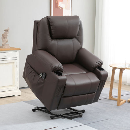 F713-096BNA poltrona relax anziani disabili massaggiante alza persona poltrona letto elettrica con telecomando 8 punti massaggio alzata assistita in pelle e gommapiuma imbottita reclinabile massaggi marrone porta bicchiere poggiapiedi