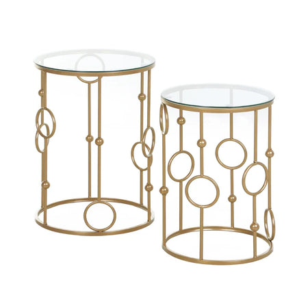 Set 2 Pezzi Tavolini da Caffè Design Elegante con Motivi a Cerchio, Metallo e Vetro Temperato Φ41x57cm & Φ36x51cm, Oro SD9833-674SD9