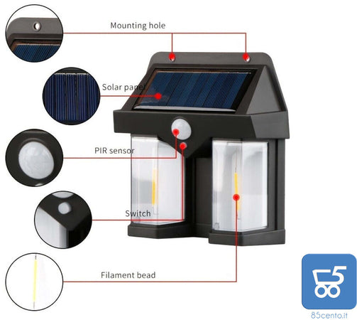 2 PZ Faretto Solare LED Luce Calda Resistente all'Acqua Sensore di Movimento Auto Spegnim