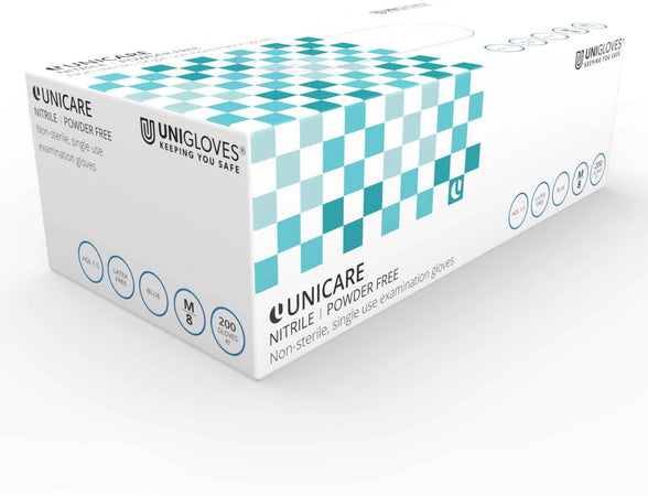 200 Guanti Nitrile Azzurro Senza Polvere 5mil Estetista Parrucchiera Medico Cucina Latex Free AQL 1.5 Unigloves