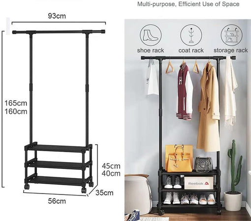 Stand Appendiabiti In Metallo Con Ruote Attaccapanni Con Ripiani Asta 56x35x165cm