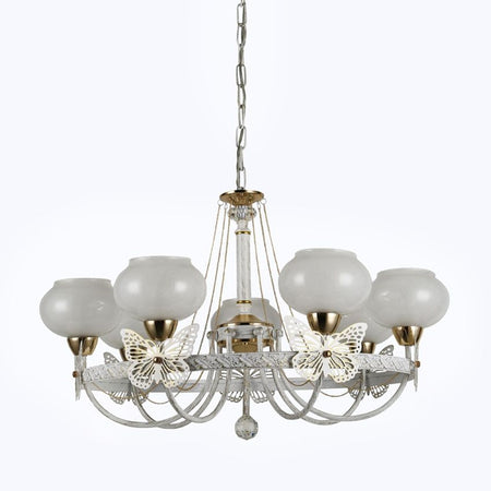 Lampadario Classico Bianco Anticato Shabby Chic Lampada 7 Coppe Con Farfalle 92433