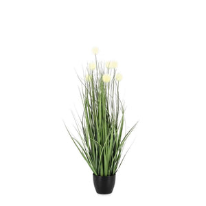 Pianta artificiale "Eriophorum" con fiori bianchi, vaso in plastica nero