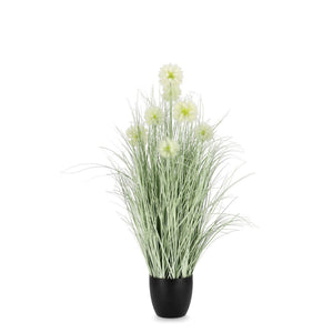 Pianta artificiale "Cebolla" con fiore e stelo, vaso in plastica nera