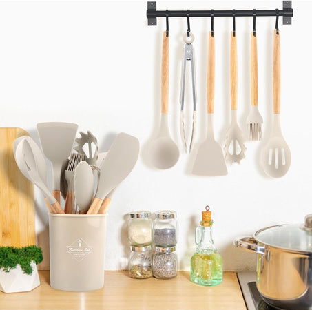 Set 12 Attrezzi Cucina In Silicone Antiaderente Con Porta Utensili Manico In Legno