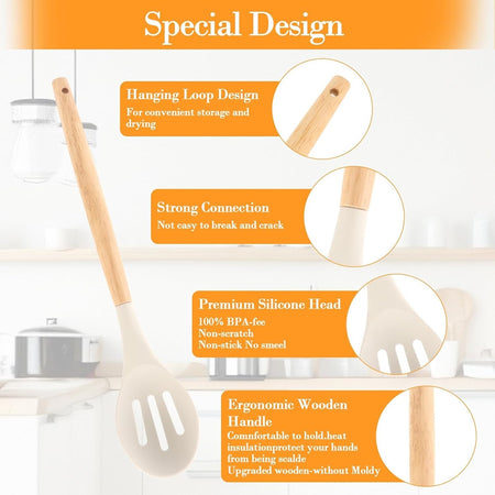 Set 12 Attrezzi Cucina In Silicone Antiaderente Con Porta Utensili Manico In Legno