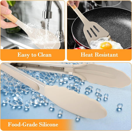 Set 12 Attrezzi Cucina In Silicone Antiaderente Con Porta Utensili Manico In Legno