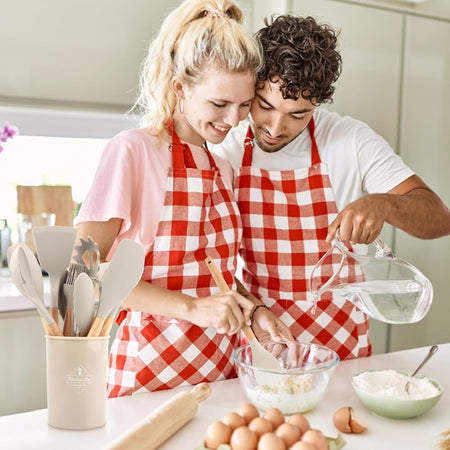 Set 12 Attrezzi Cucina In Silicone Antiaderente Con Porta Utensili Manico In Legno