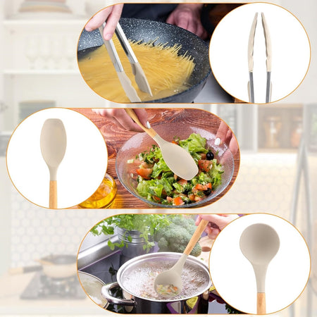 Set 12 Attrezzi Cucina In Silicone Antiaderente Con Porta Utensili Manico In Legno