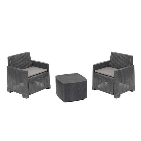 Set Salotto Esterno Con 2 Poltrone Tavolino Contenitore Effetto Rattan Cuscini Giardino
