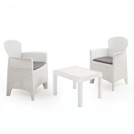 Set Salotto Con Tavolino 2 Poltrone Bianco Effetto Rattan Con Cuscini Giardino 591073