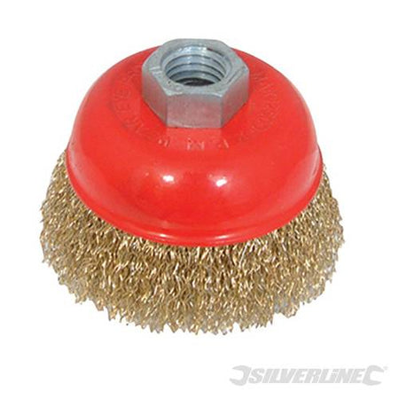 Spazzola a tazza con fili ondulati in acciaio ottonato ad alta resistenza per smerigliatrici Silverline