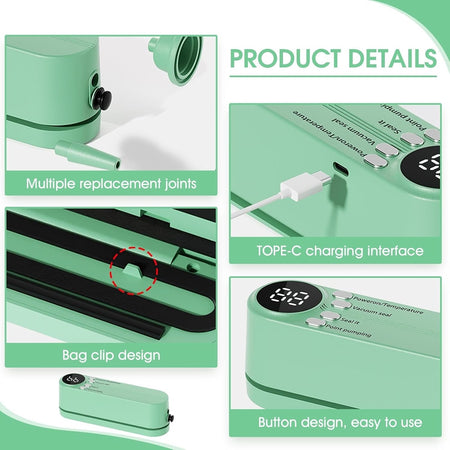 Mini Sigillatore Per Sottovuoto 7in1 Portatile 3 Velocità Ricaricabile Con 5 Sacchetti