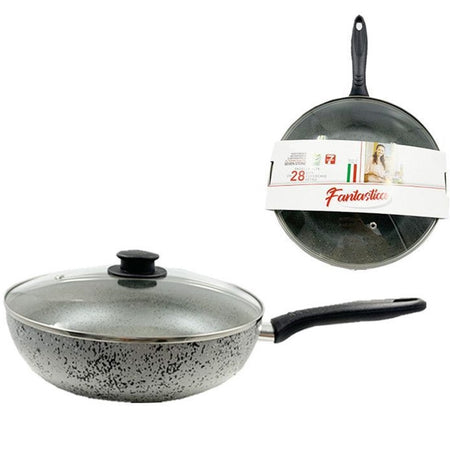 Padella Alta Antiaderente Antigraffio A 7 Strati Con Coperchio In Vetro Manico Da 24-28cm