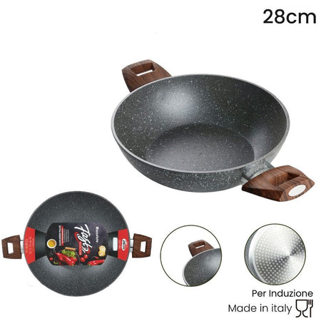 Wok Rivestimento Antiaderente Antigraffio Per Induzione Con 2 Manici Legno ø24-28-32cm