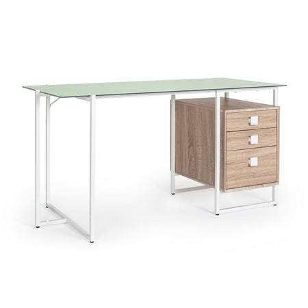 Scrivania "Thomas" con cassettiera, color bianco-naturale, 142 x 69 x 76h cm