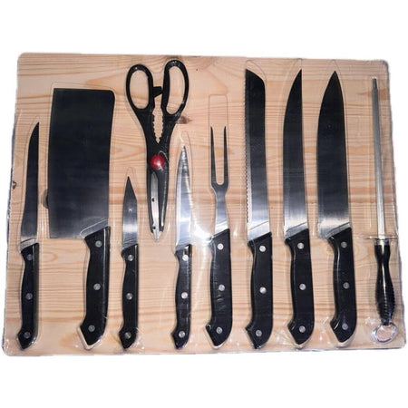 Set 11pz Con Coltello Da Pane Cucina Carne Versatile Tagliere In Legno Forbici Forchetta