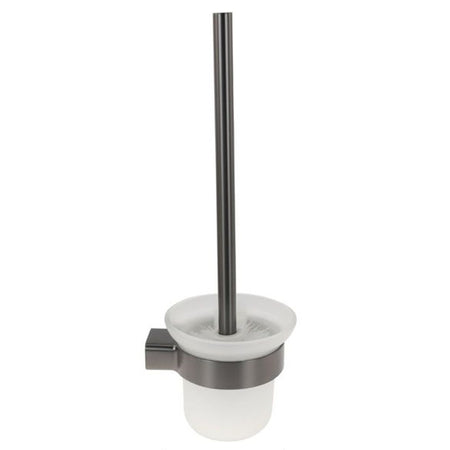 Porta Scopino Con Bicchiere Vetro Satinato A Parete Stilizzato Acciaio Grigio Bagno 87945