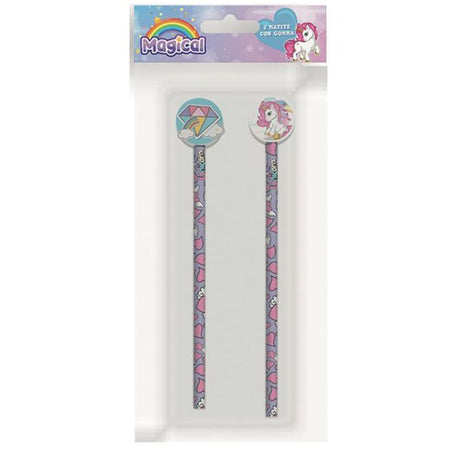 Kit 2pz Matite Con Gomma Rotonda Grafica Magico Unicorno Per Disegno Scuola Bambine 737922