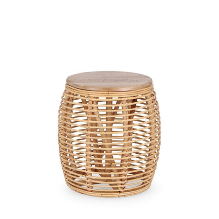 Tavolino "Camaleonte" rotondo, struttura in Rattan, piano in legno di mango Ø45 cm