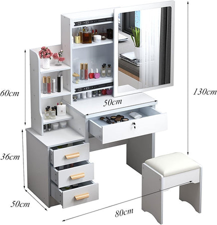 Set Tavolo Da Toeletta Per Trucco Cosmetici Con Specchio Led Morbido Sgabello Cassetti
