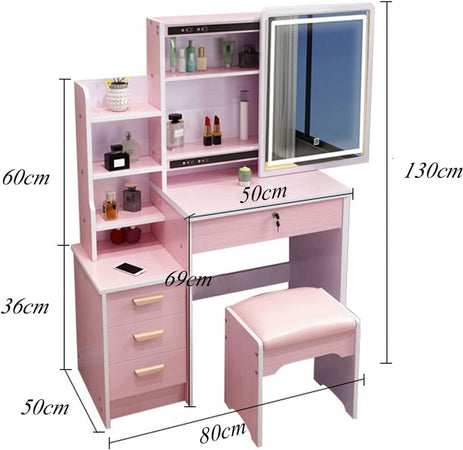 Set Tavolo Da Toeletta Per Trucco Cosmetici Con Specchio Led Morbido Sgabello Cassetti