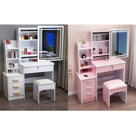 Set Tavolo Da Toeletta Per Trucco Cosmetici Con Specchio Led Morbido Sgabello Cassetti