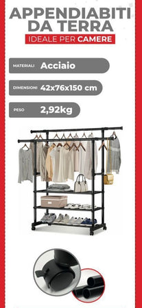 Appendiabiti Da Terra Stand Con Ruote 3 Scomparti Portaoggetti Doppio Bastone A Scomparsa
