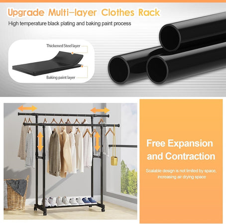 Appendiabiti Da Terra Stand Con Ruote 3 Scomparti Portaoggetti Doppio Bastone A Scomparsa