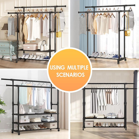 Appendiabiti Da Terra Stand Con Ruote 3 Scomparti Portaoggetti Doppio Bastone A Scomparsa