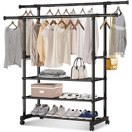 Appendiabiti Da Terra Stand Con Ruote 3 Scomparti Portaoggetti Doppio Bastone A Scomparsa