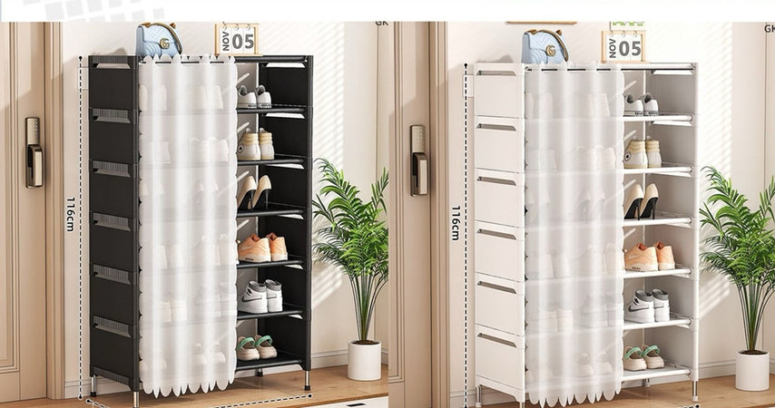 Scarpiera Salvaspazio A 7 Ripiani Con Tenda Copripolvere Installazione Semplice Ripostigli