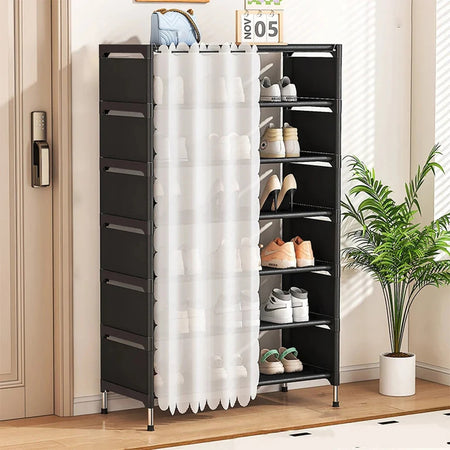 Scarpiera Salvaspazio A 7 Ripiani Con Tenda Copripolvere Installazione Semplice Ripostigli