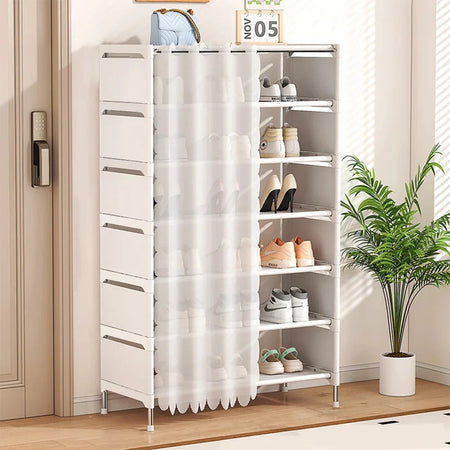 Scarpiera Salvaspazio A 7 Ripiani Con Tenda Copripolvere Installazione Semplice Ripostigli