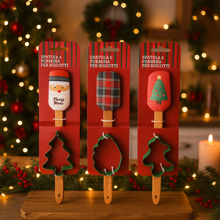 Set spatola rossa in silicone con manico in legno e formina per biscotti