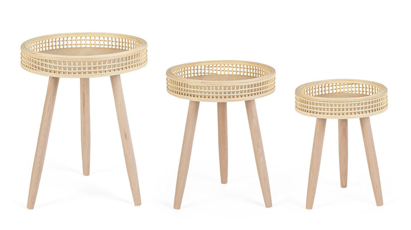 Tavolino "Almas" gambe in legno di pino e top in rattan per arredamento set da 3