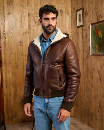 Carlo - Bomber Uomo in Shearling Marrone con Cappuccio